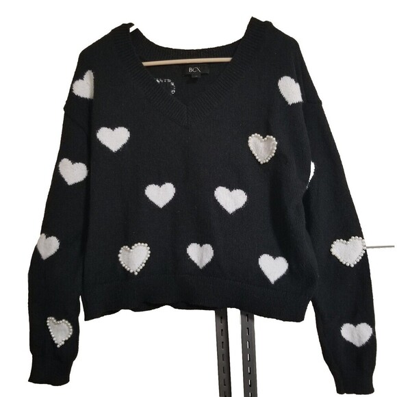 BCX Womens Crop Sweater Black White Heart Medium Beaded Vneck - Picture 1 of 2